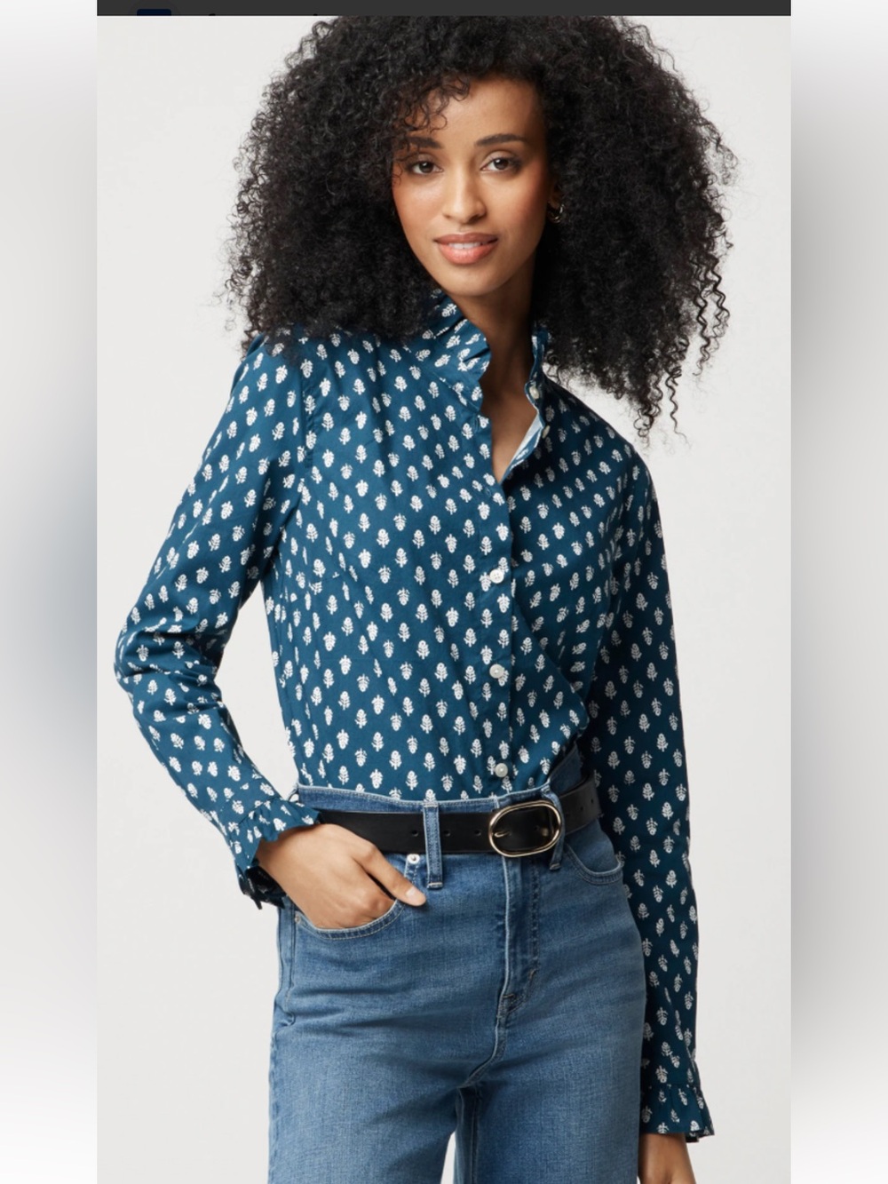 J. Crew Teal Regenerative Cotton Ruffle neck blouse- worn 1x. 110 retail